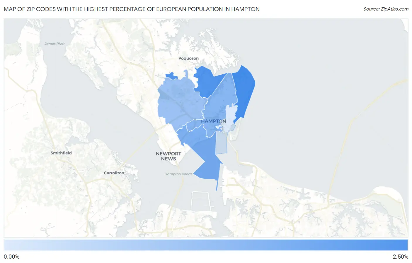 Zip Codes with the Highest Percentage of European Population in Hampton Map
