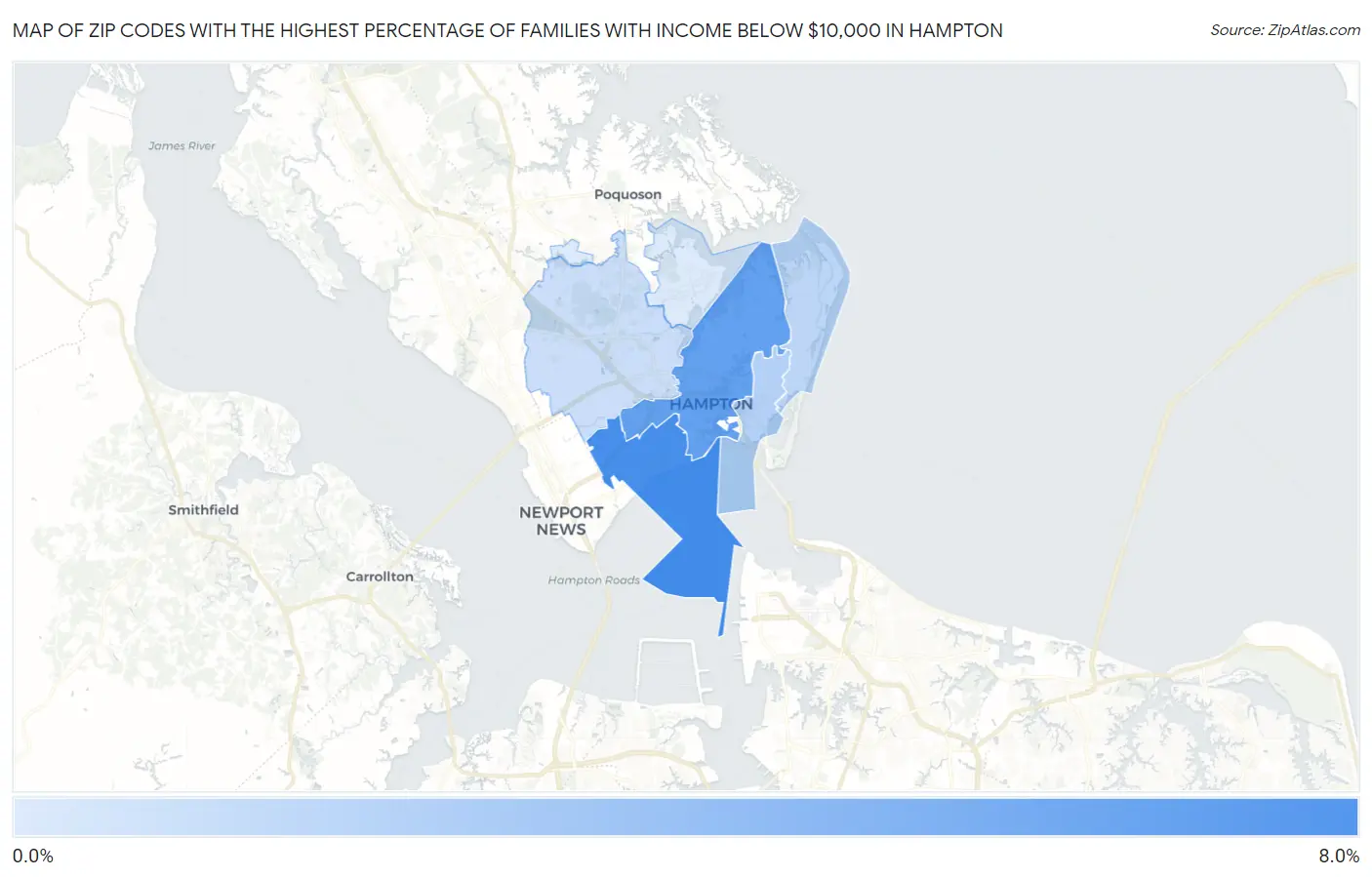 Zip Codes with the Highest Percentage of Families with Income Below $10,000 in Hampton Map