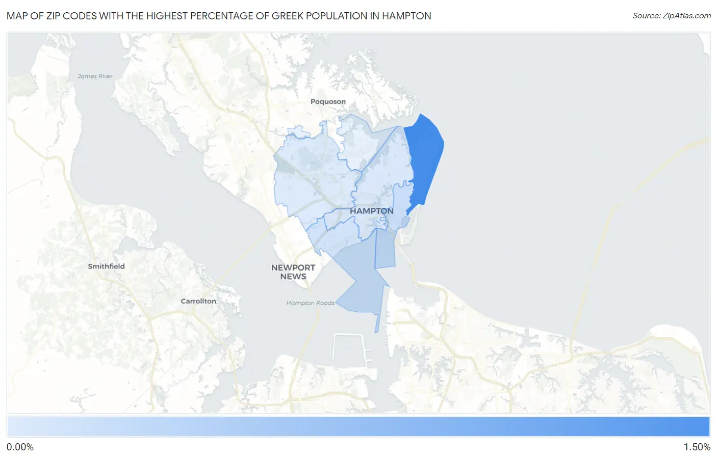 Zip Codes with the Highest Percentage of Greek Population in Hampton Map