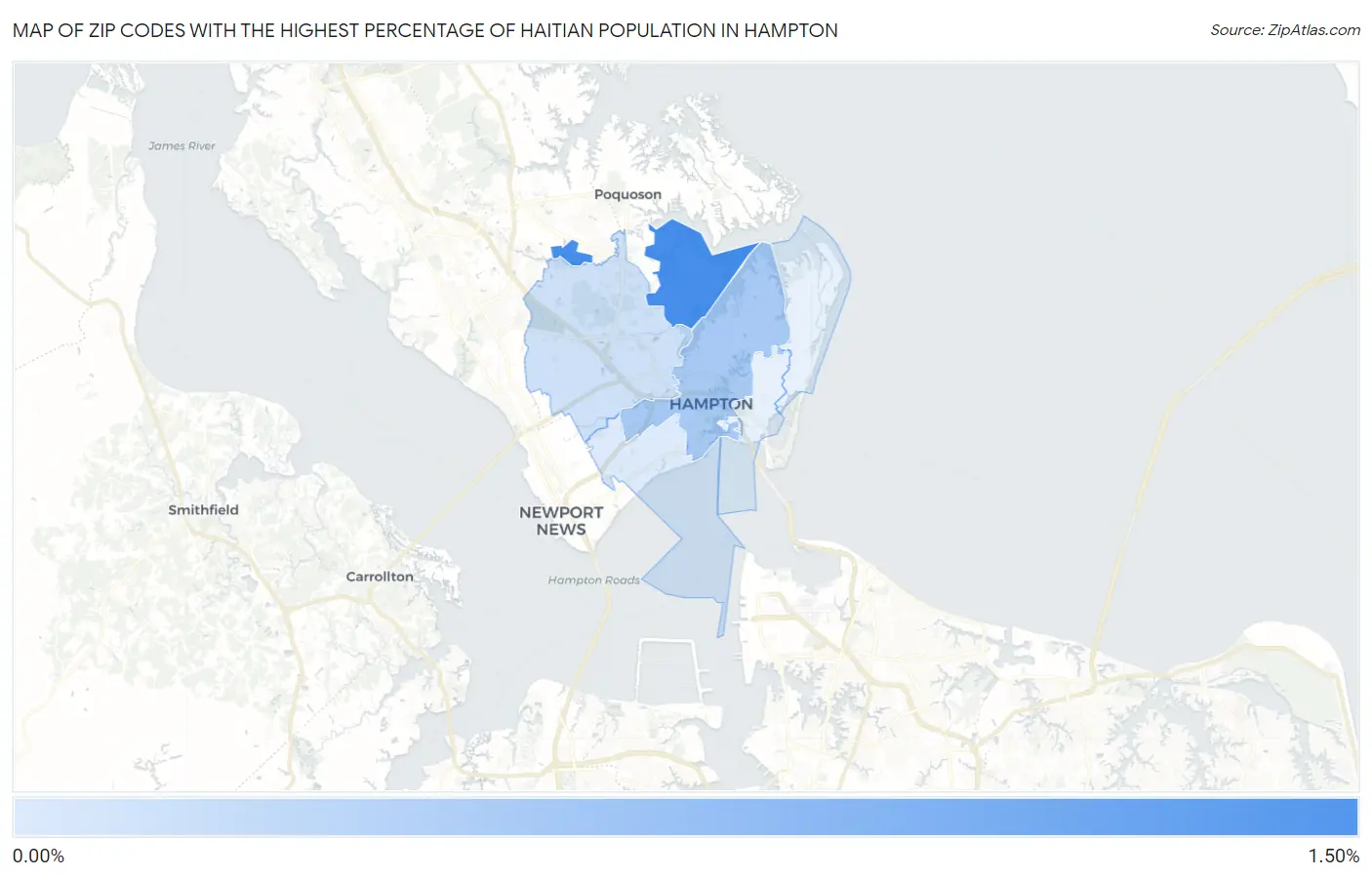 Zip Codes with the Highest Percentage of Haitian Population in Hampton Map