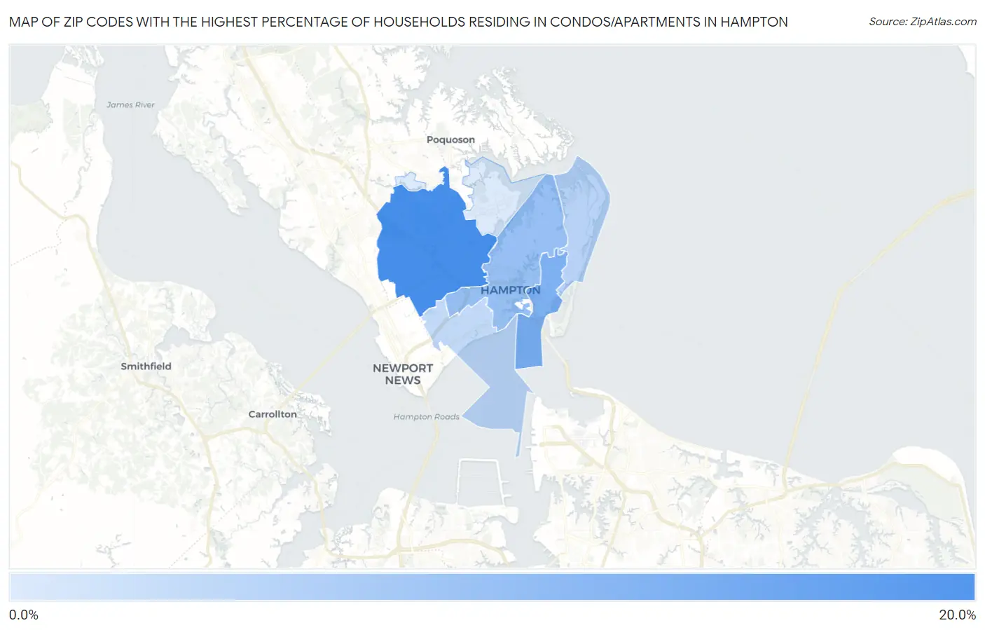 Zip Codes with the Highest Percentage of Households Residing in Condos/Apartments in Hampton Map