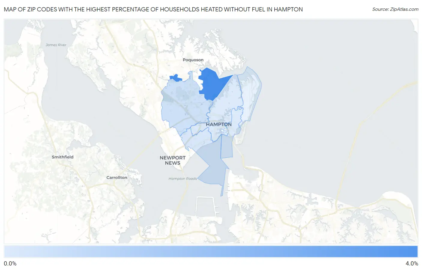 Zip Codes with the Highest Percentage of Households Heated without Fuel in Hampton Map