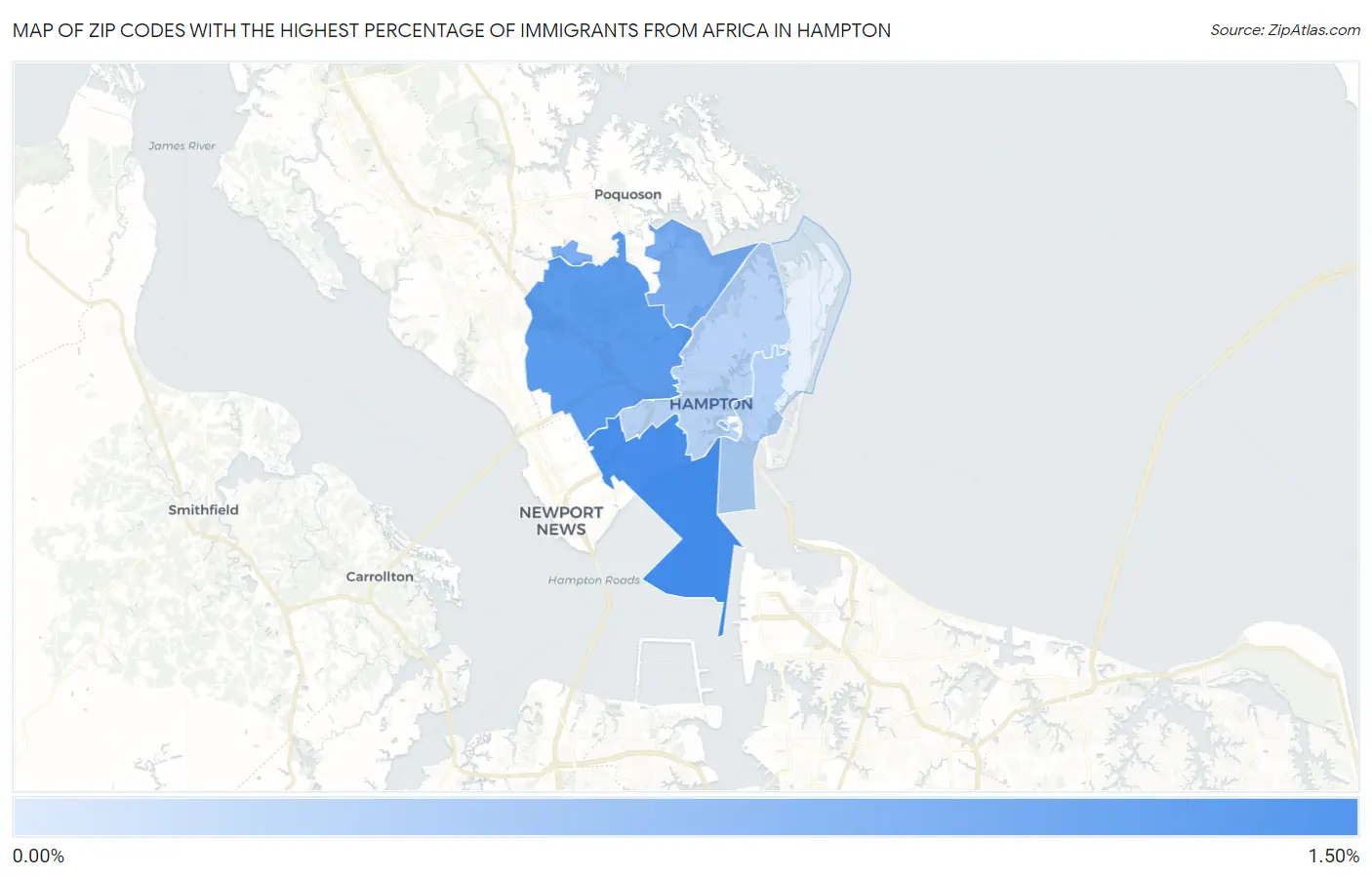 Zip Codes with the Highest Percentage of Immigrants from Africa in Hampton Map