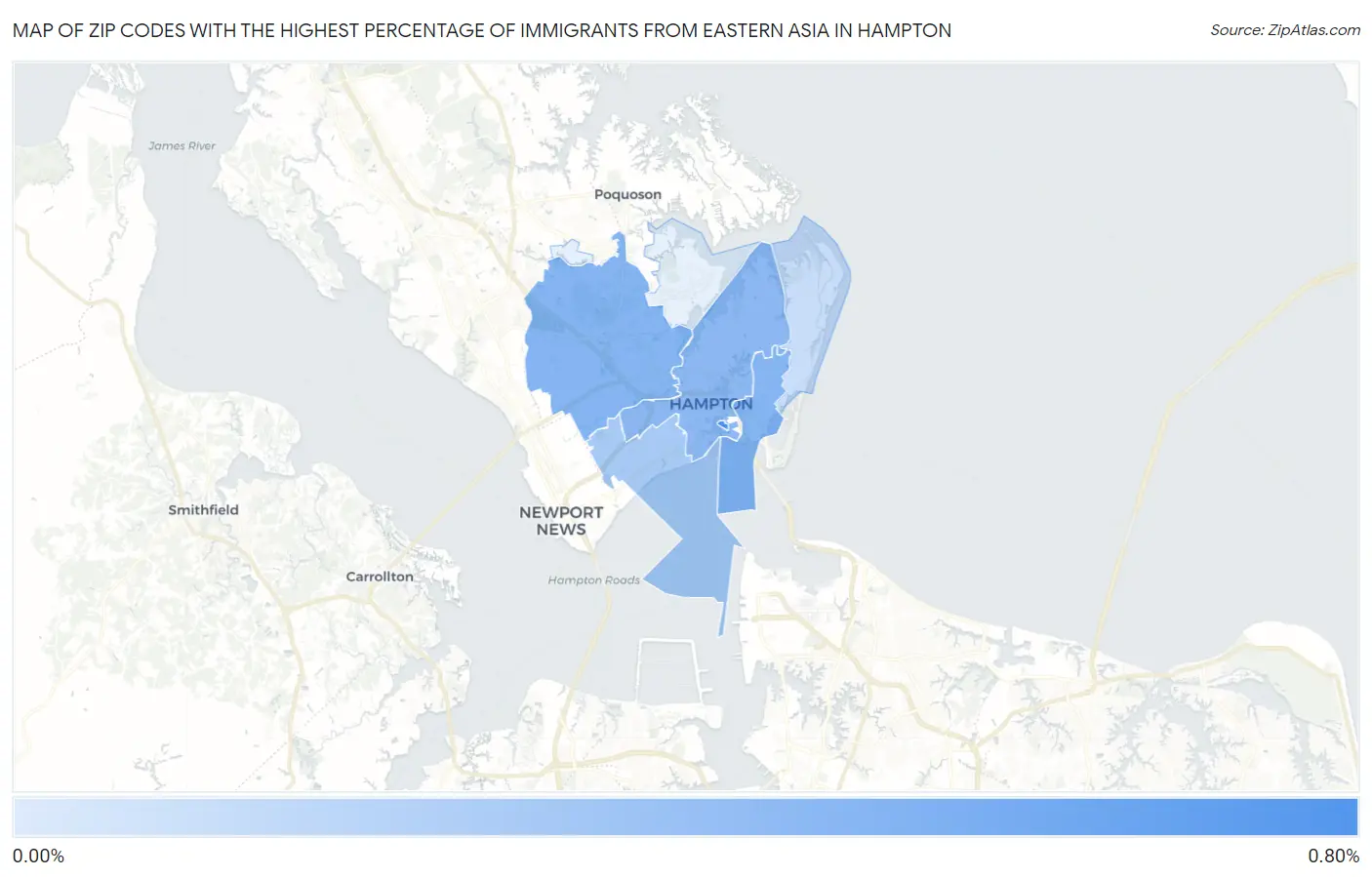 Zip Codes with the Highest Percentage of Immigrants from Eastern Asia in Hampton Map