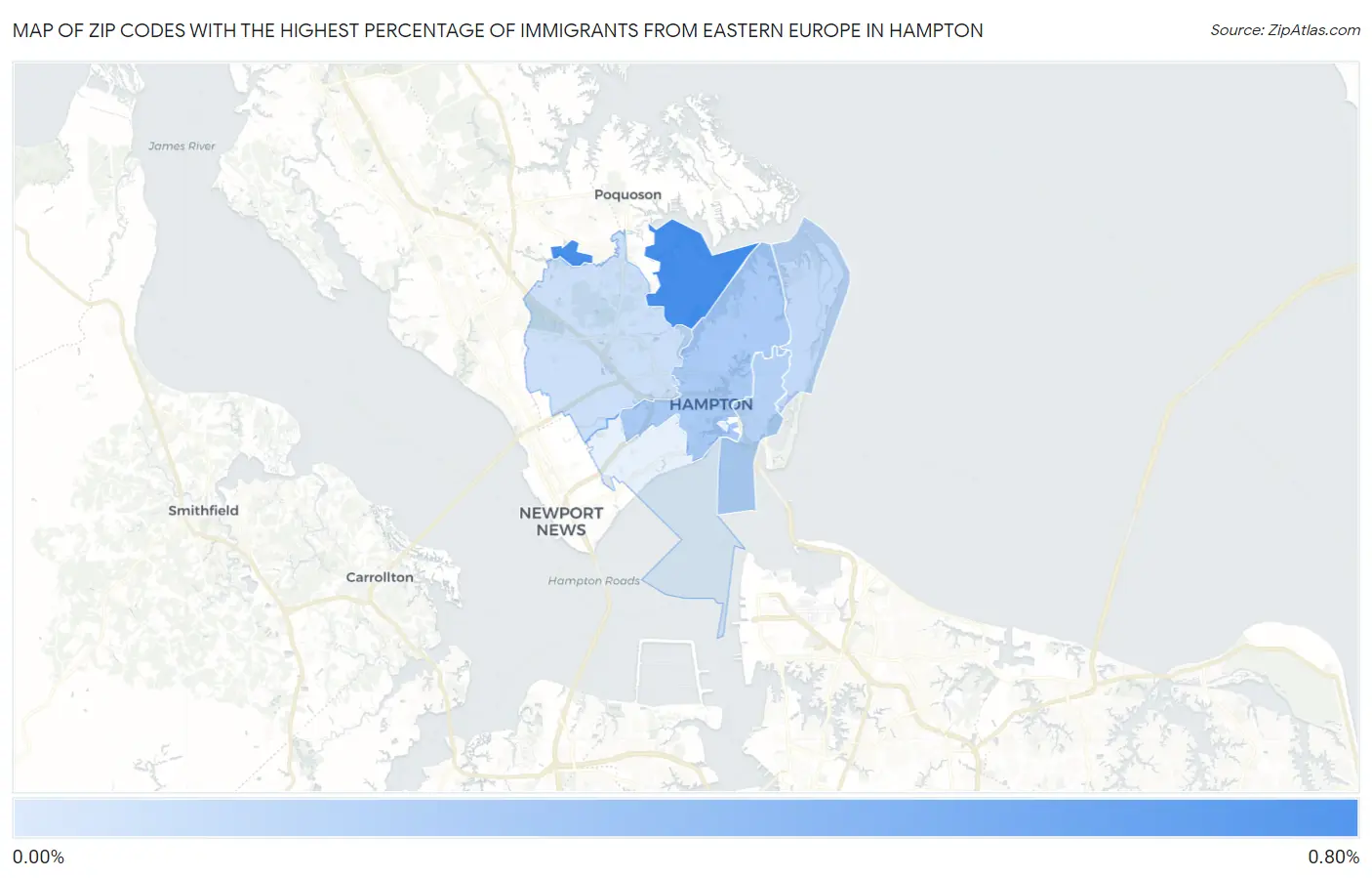 Zip Codes with the Highest Percentage of Immigrants from Eastern Europe in Hampton Map