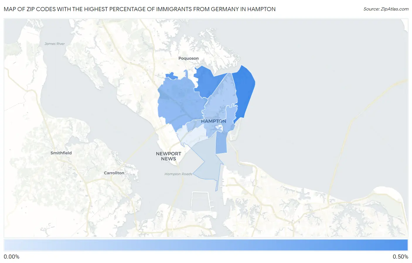 Zip Codes with the Highest Percentage of Immigrants from Germany in Hampton Map