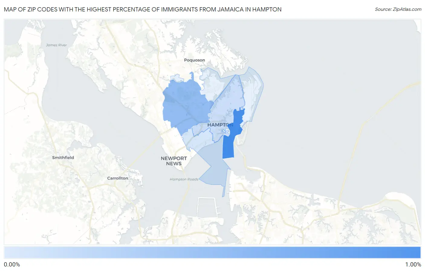 Zip Codes with the Highest Percentage of Immigrants from Jamaica in Hampton Map