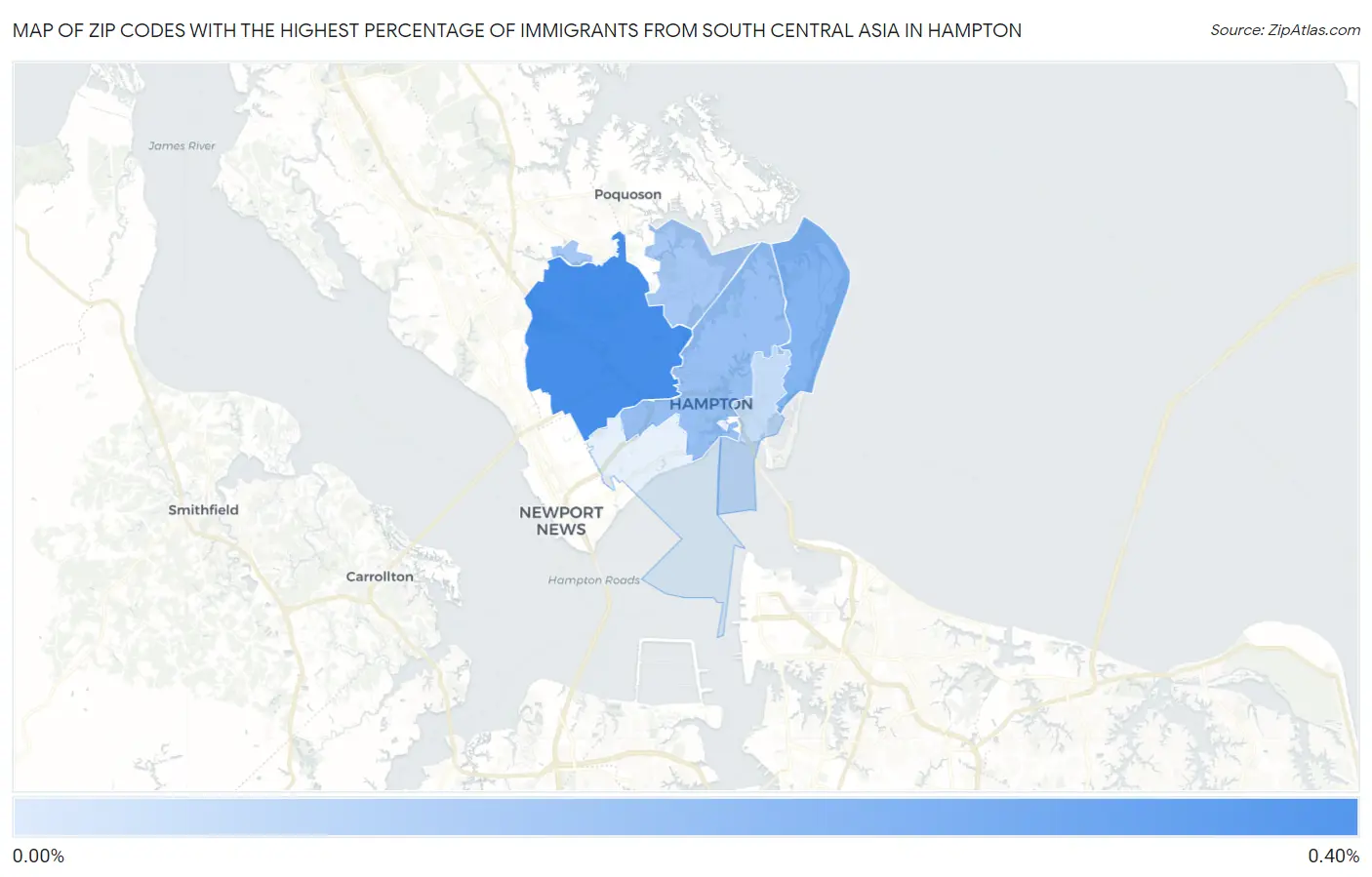 Zip Codes with the Highest Percentage of Immigrants from South Central Asia in Hampton Map