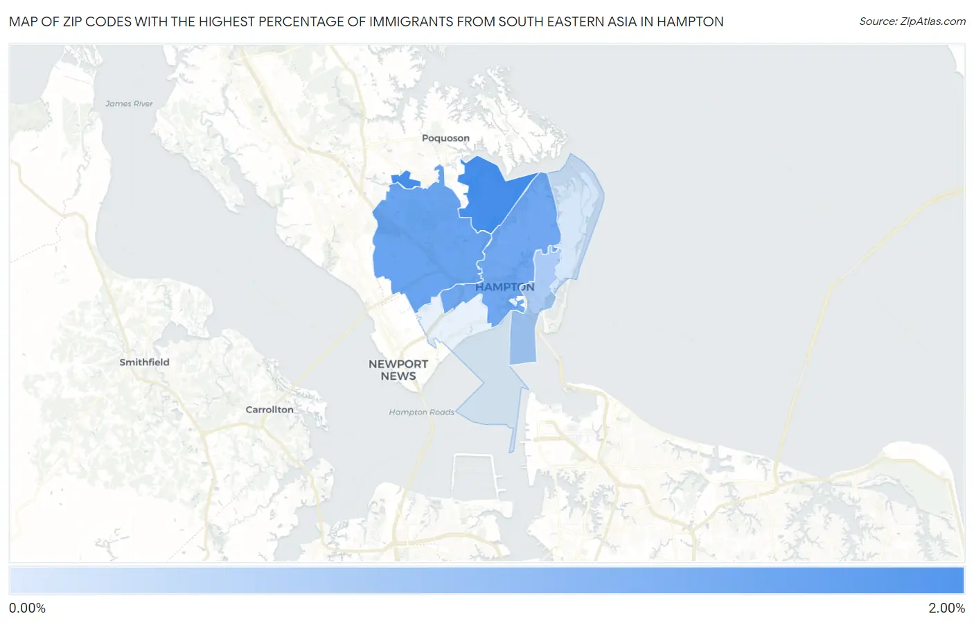Zip Codes with the Highest Percentage of Immigrants from South Eastern Asia in Hampton Map