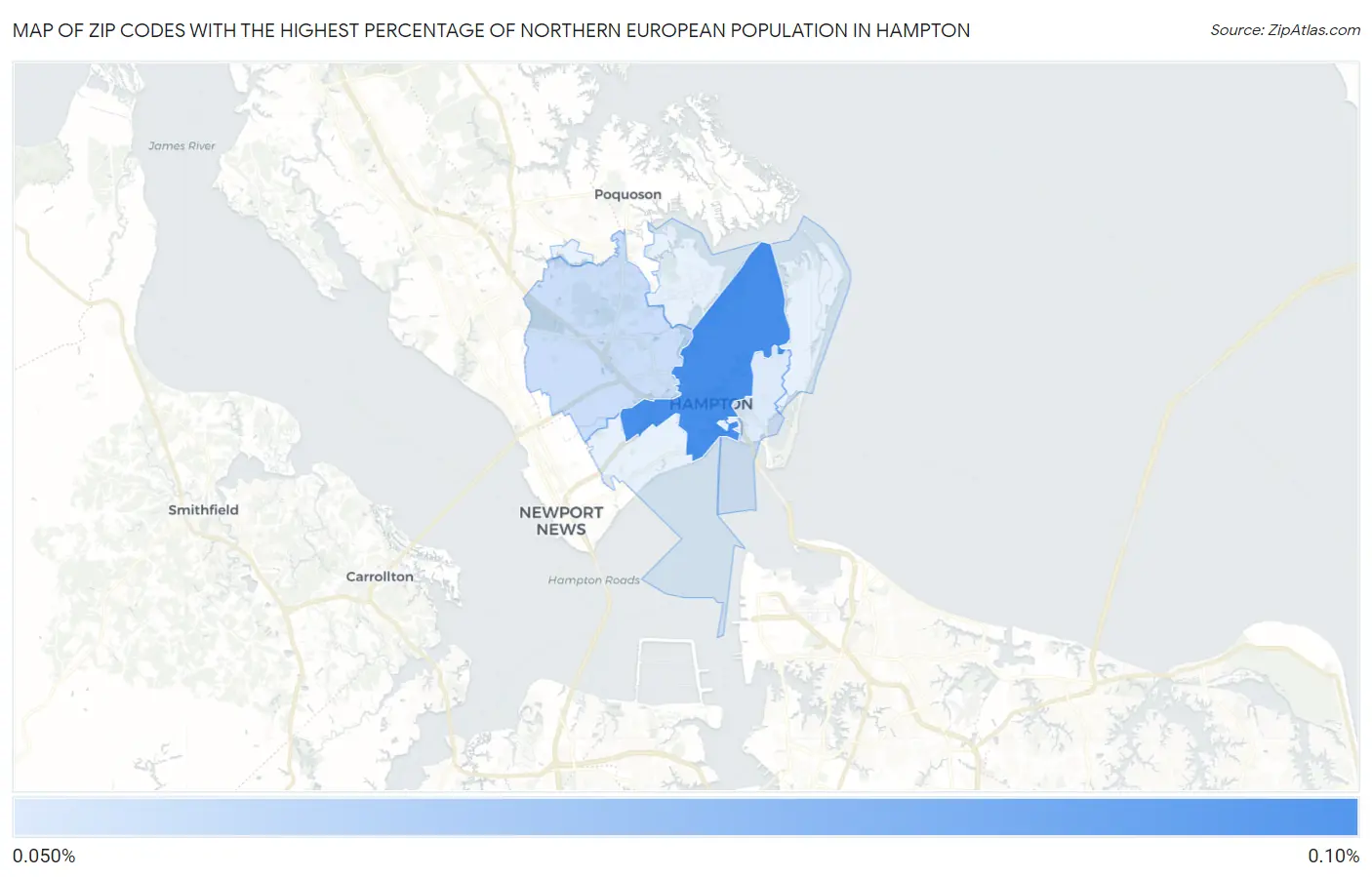 Zip Codes with the Highest Percentage of Northern European Population in Hampton Map