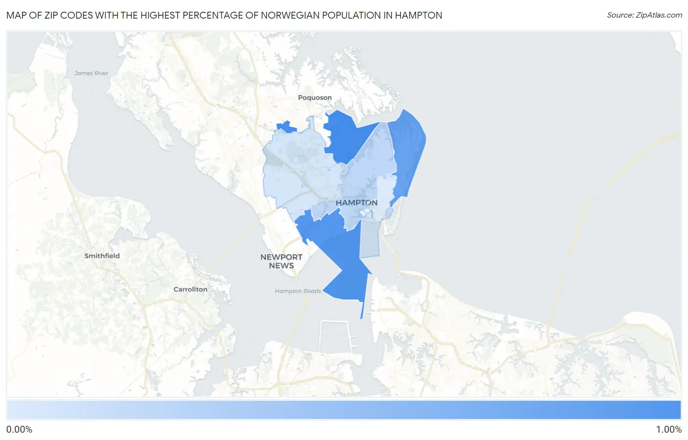 Zip Codes with the Highest Percentage of Norwegian Population in Hampton Map