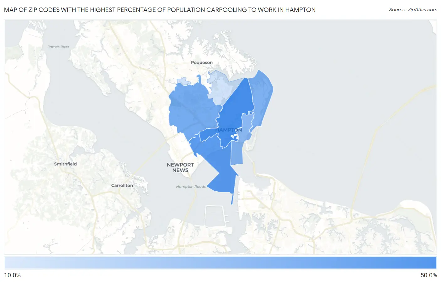 Zip Codes with the Highest Percentage of Population Carpooling to Work in Hampton Map