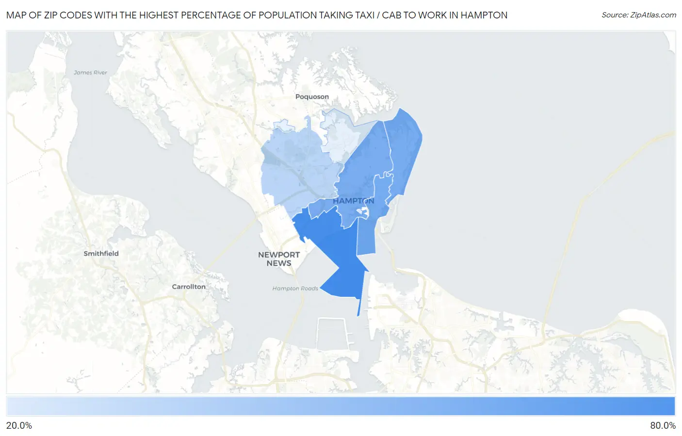 Zip Codes with the Highest Percentage of Population Taking Taxi / Cab to Work in Hampton Map