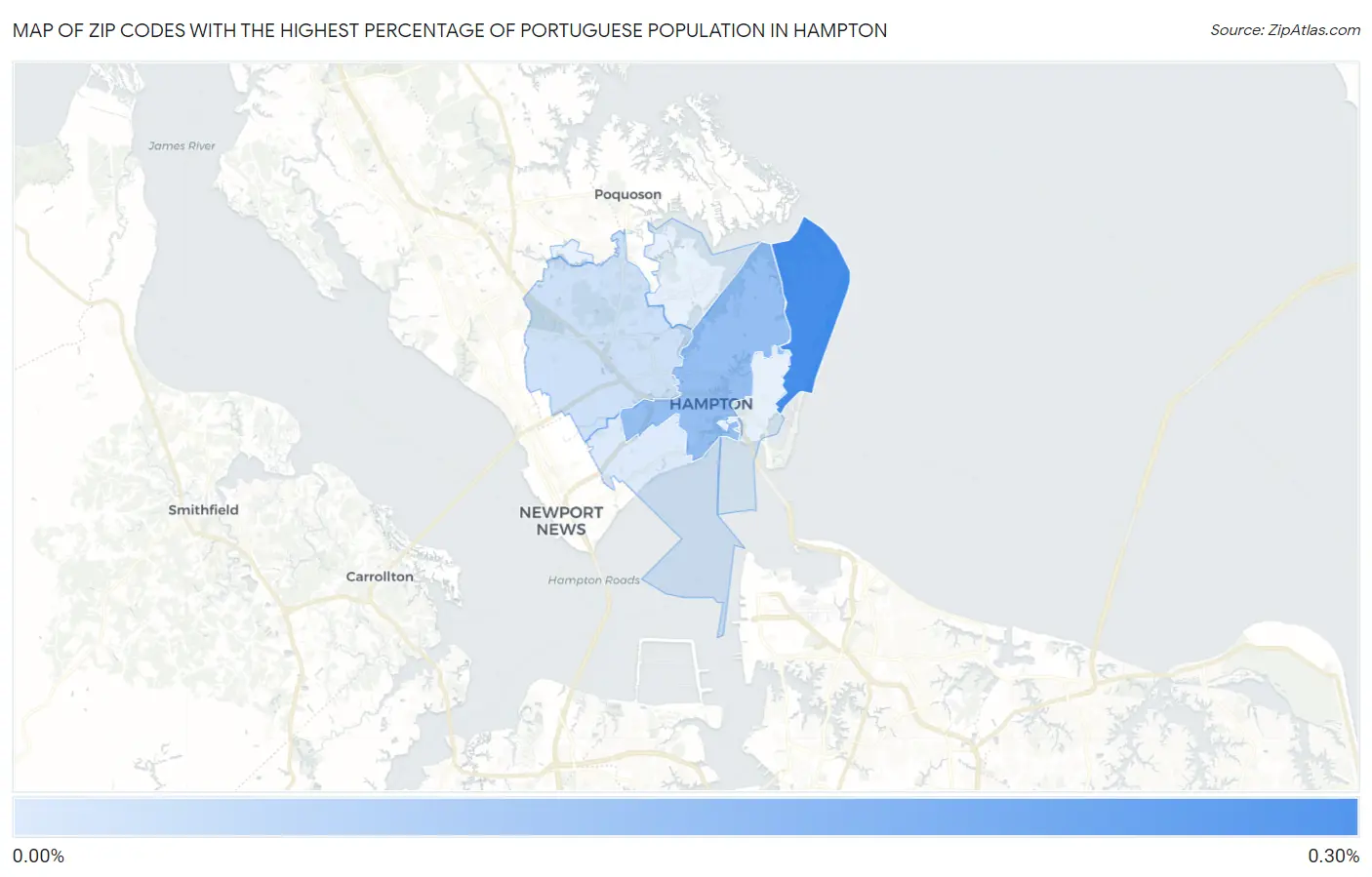 Zip Codes with the Highest Percentage of Portuguese Population in Hampton Map