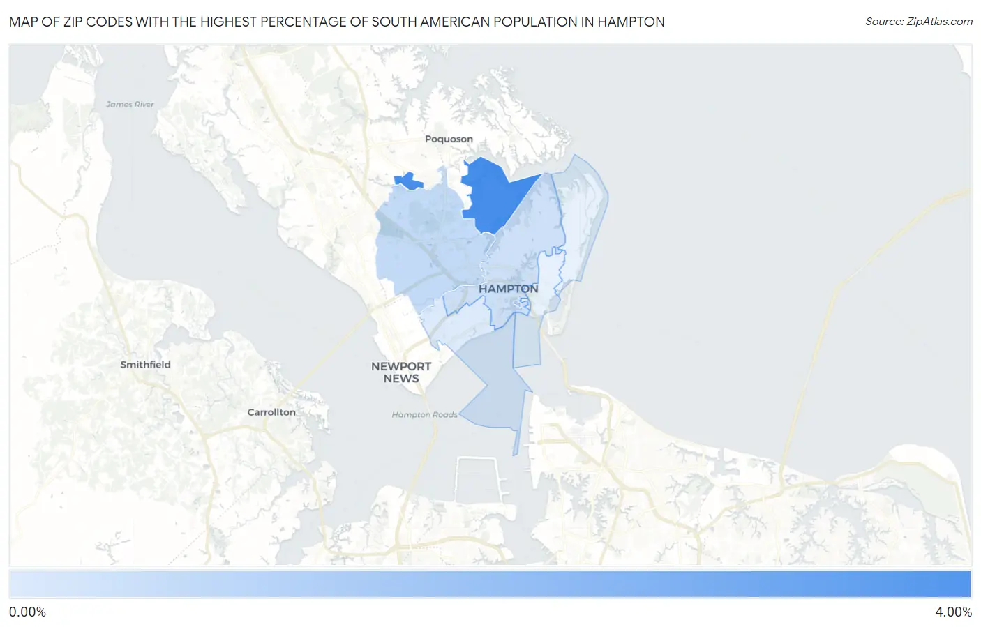 Zip Codes with the Highest Percentage of South American Population in Hampton Map