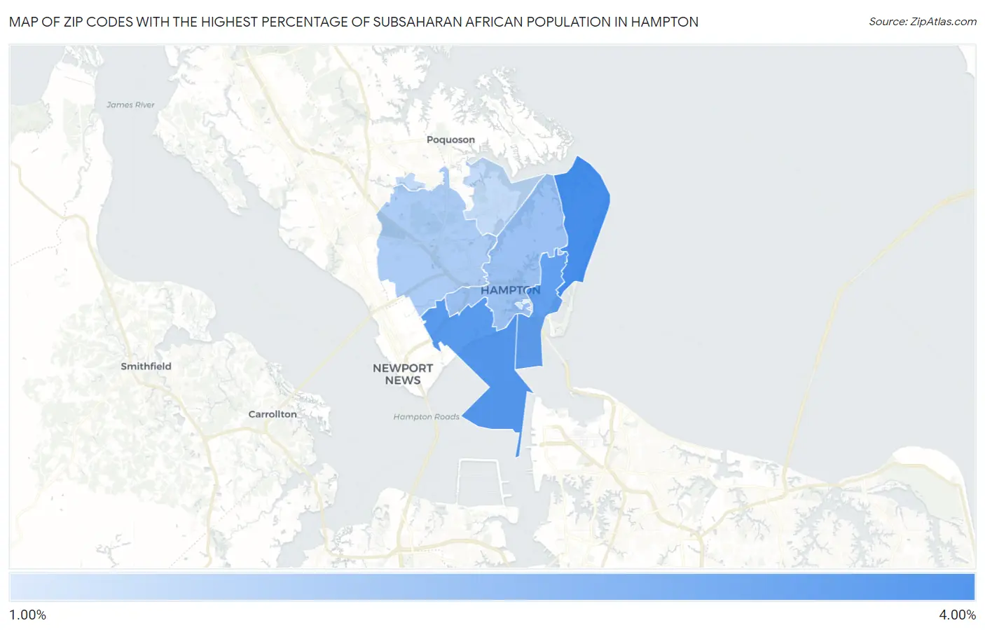 Zip Codes with the Highest Percentage of Subsaharan African Population in Hampton Map