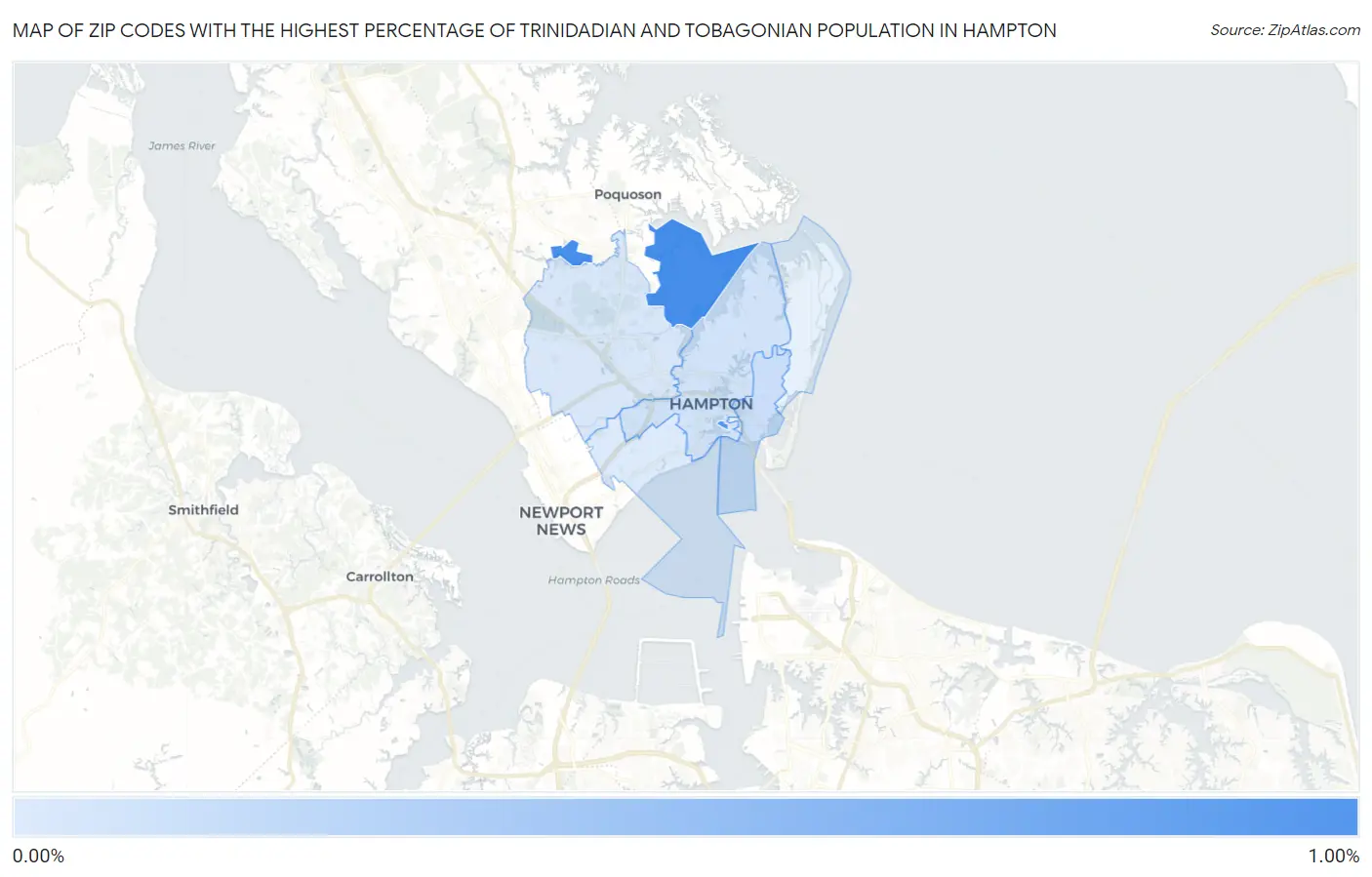 Zip Codes with the Highest Percentage of Trinidadian and Tobagonian Population in Hampton Map