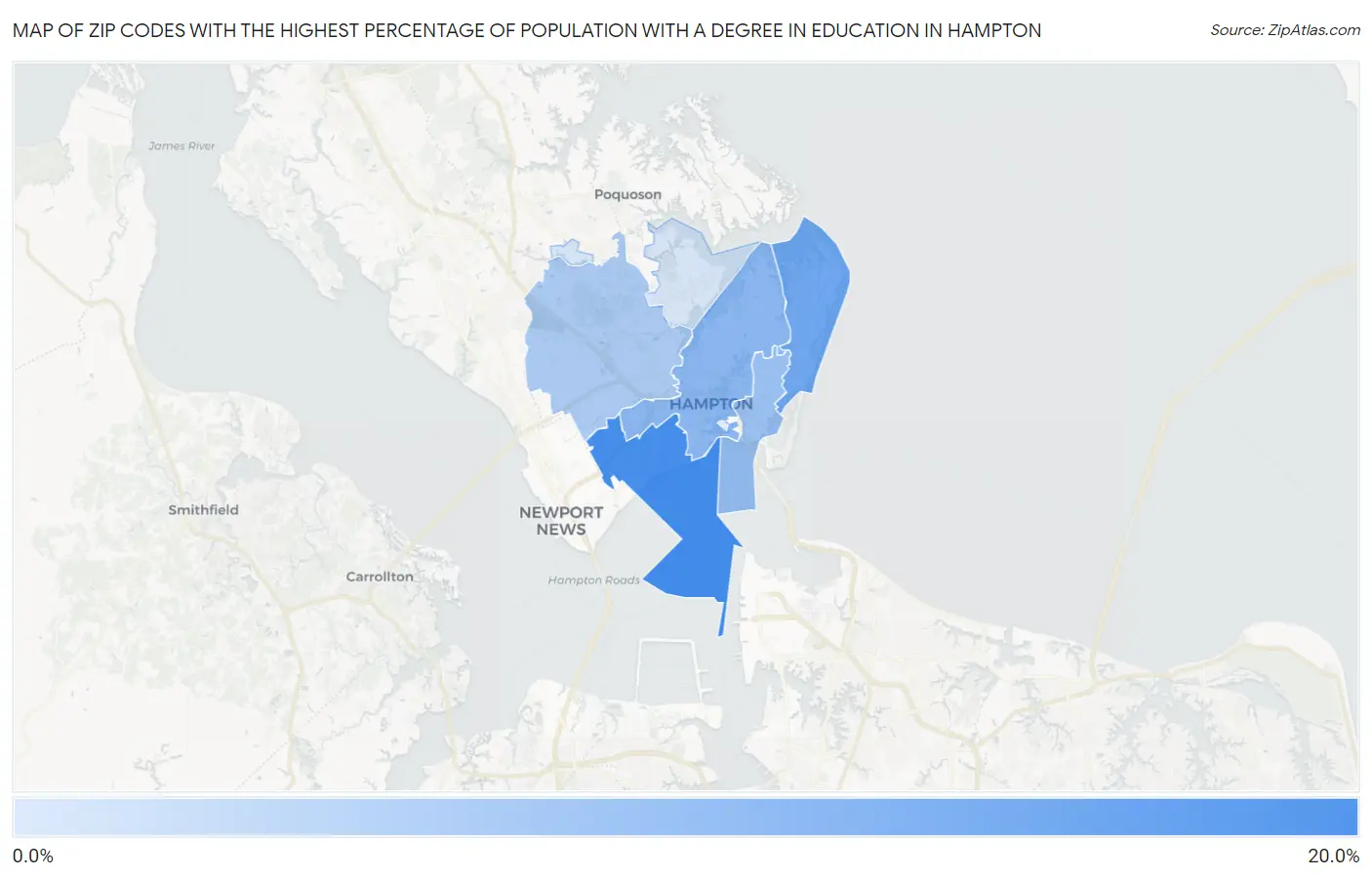 Zip Codes with the Highest Percentage of Population with a Degree in Education in Hampton Map
