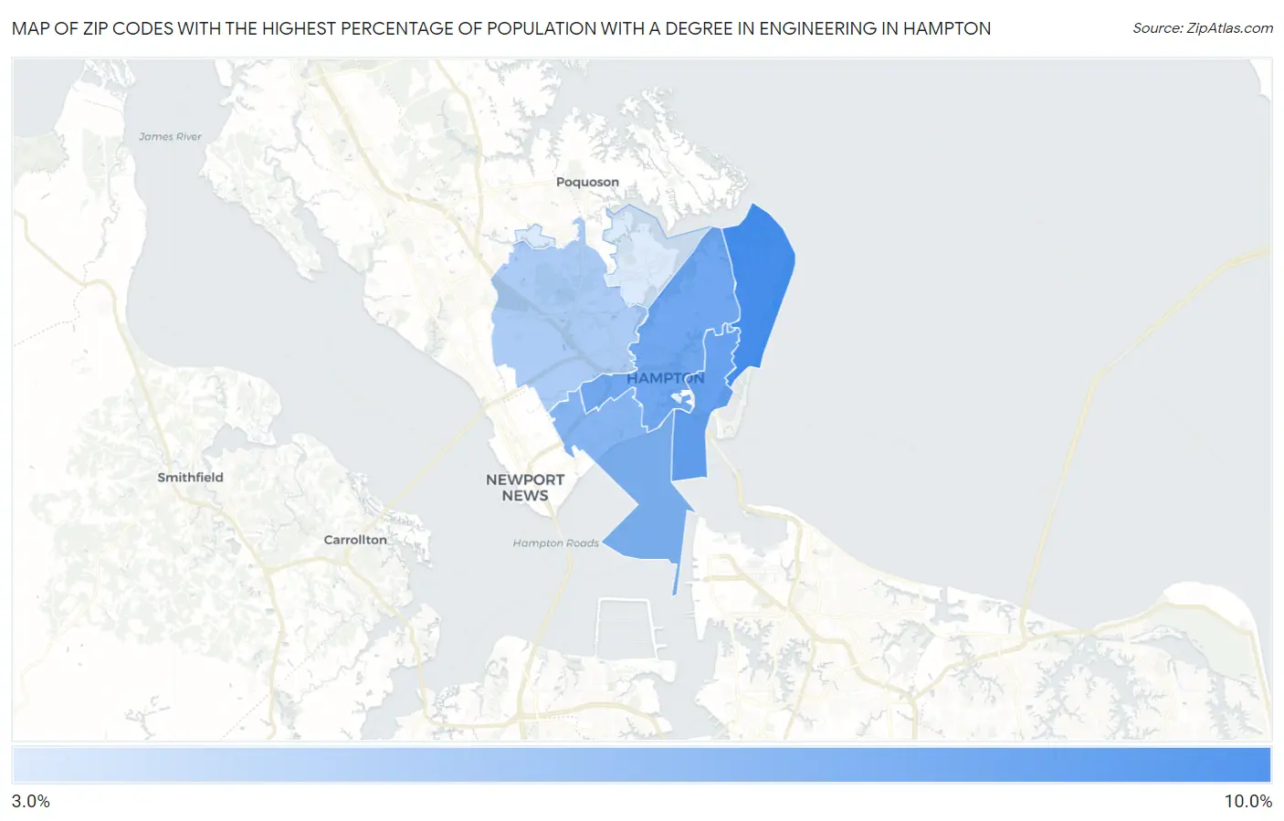 Zip Codes with the Highest Percentage of Population with a Degree in Engineering in Hampton Map