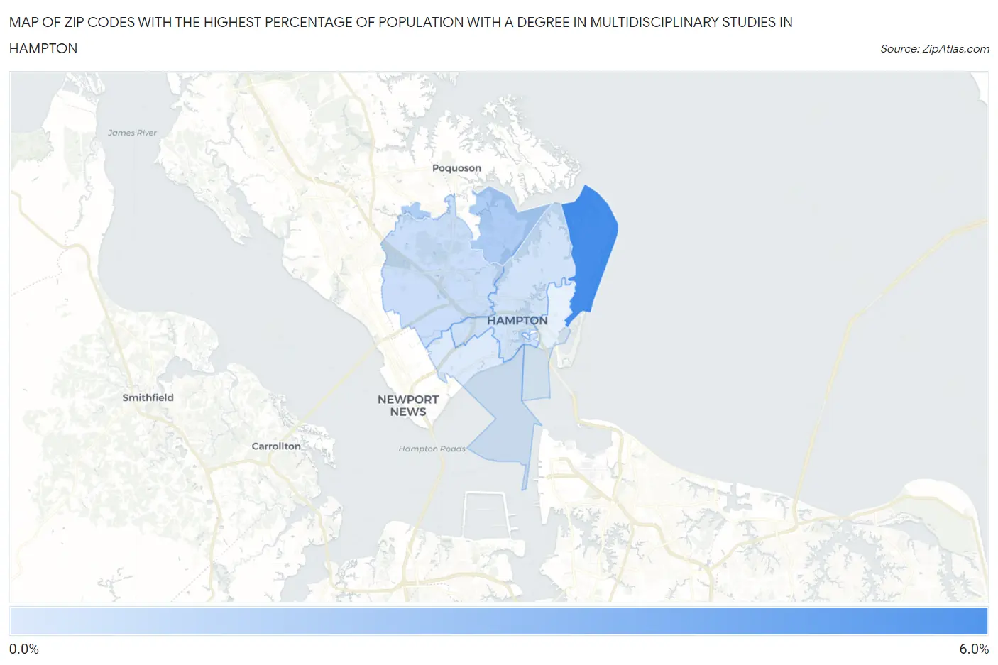 Zip Codes with the Highest Percentage of Population with a Degree in Multidisciplinary Studies in Hampton Map