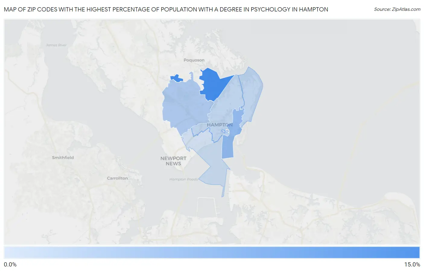 Zip Codes with the Highest Percentage of Population with a Degree in Psychology in Hampton Map