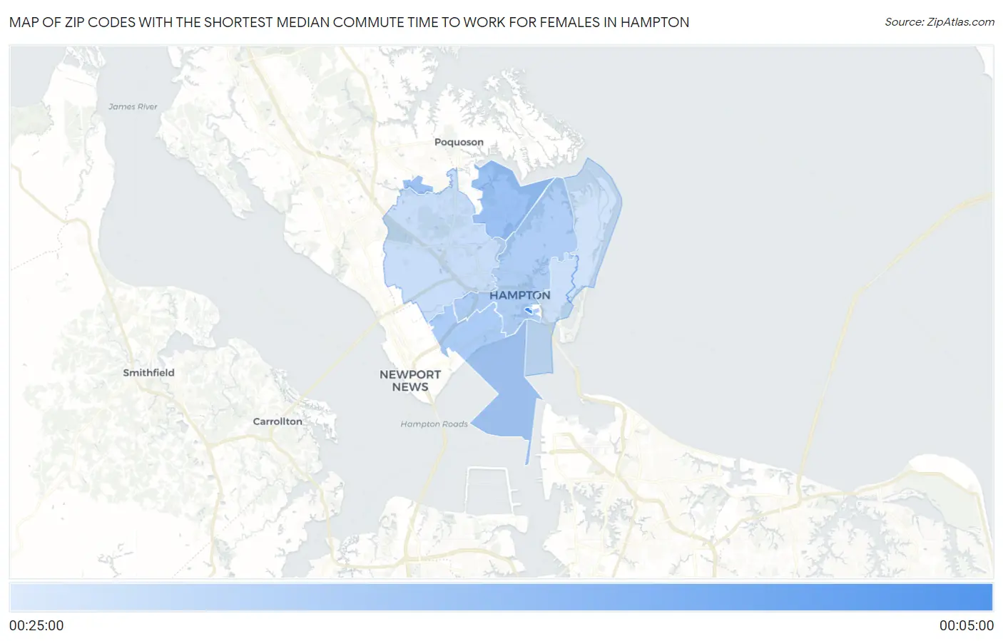 Zip Codes with the Shortest Median Commute Time to Work for Females in Hampton Map