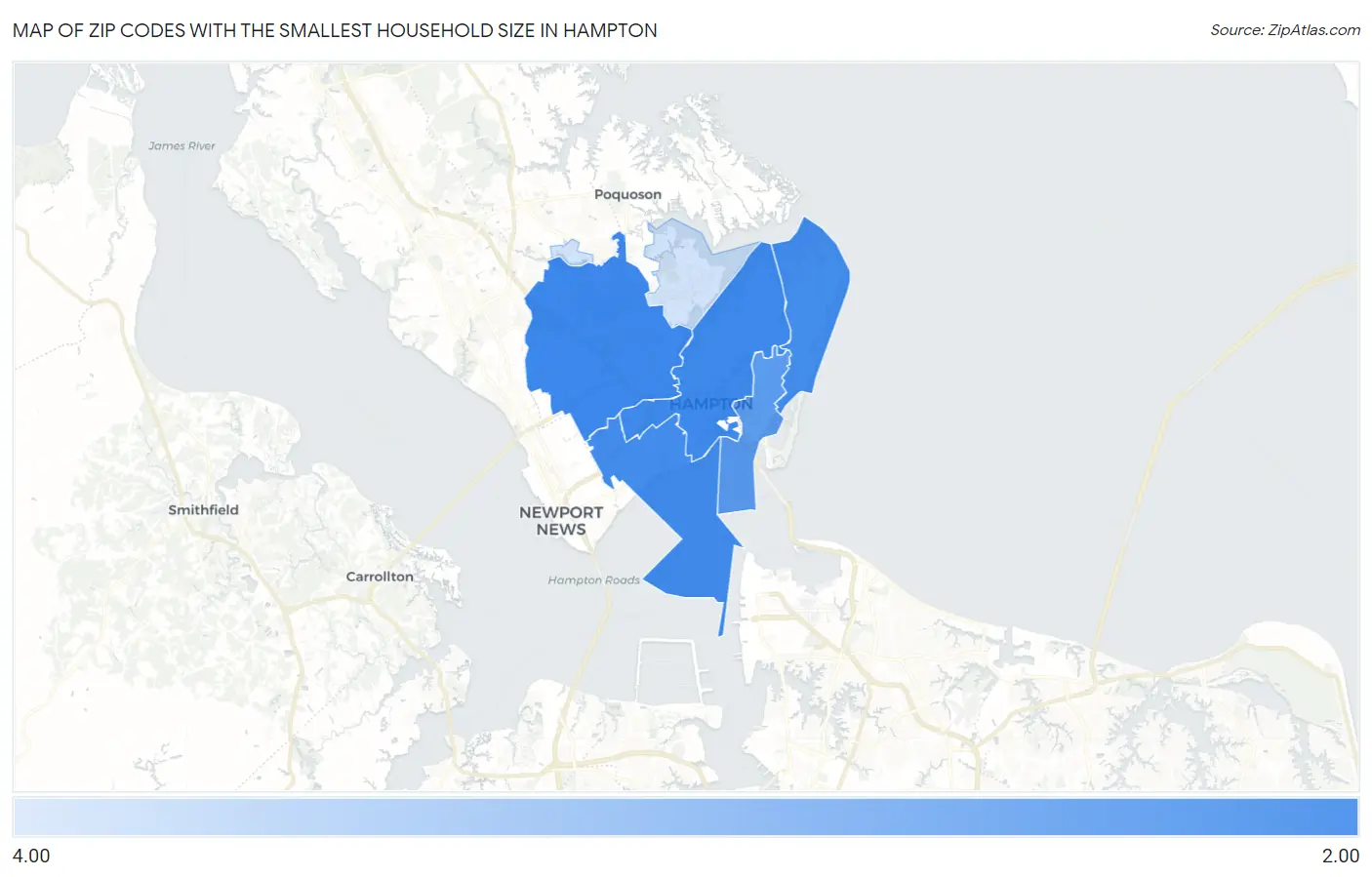 Zip Codes with the Smallest Household Size in Hampton Map