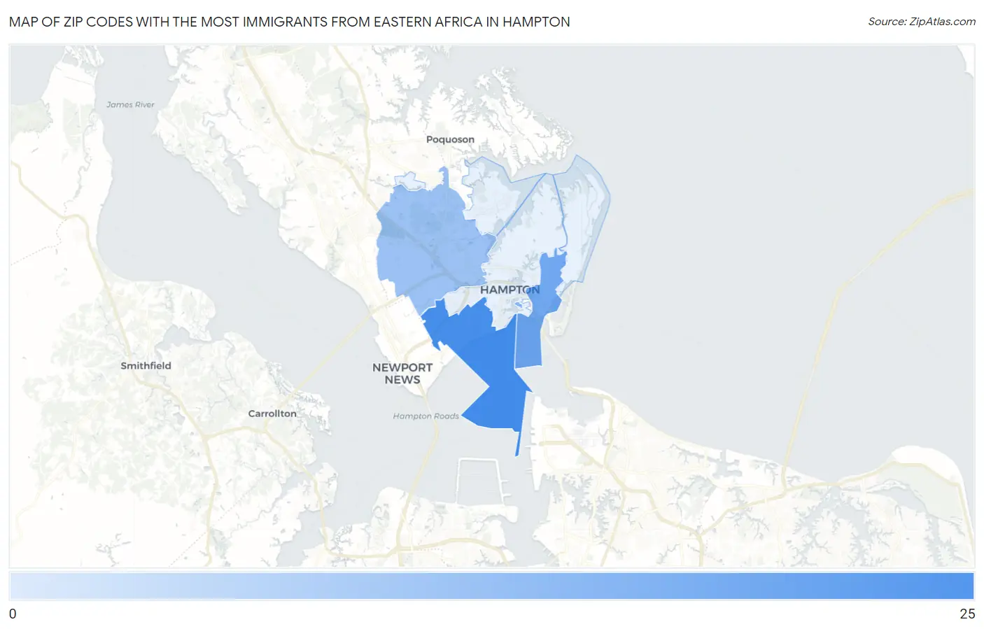 Zip Codes with the Most Immigrants from Eastern Africa in Hampton Map