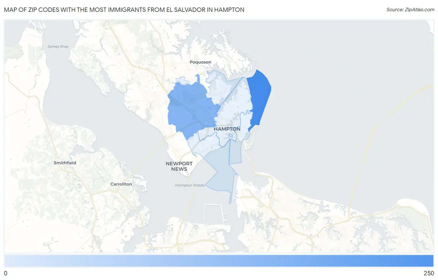 Zip Codes with the Most Immigrants from El Salvador in Hampton Map