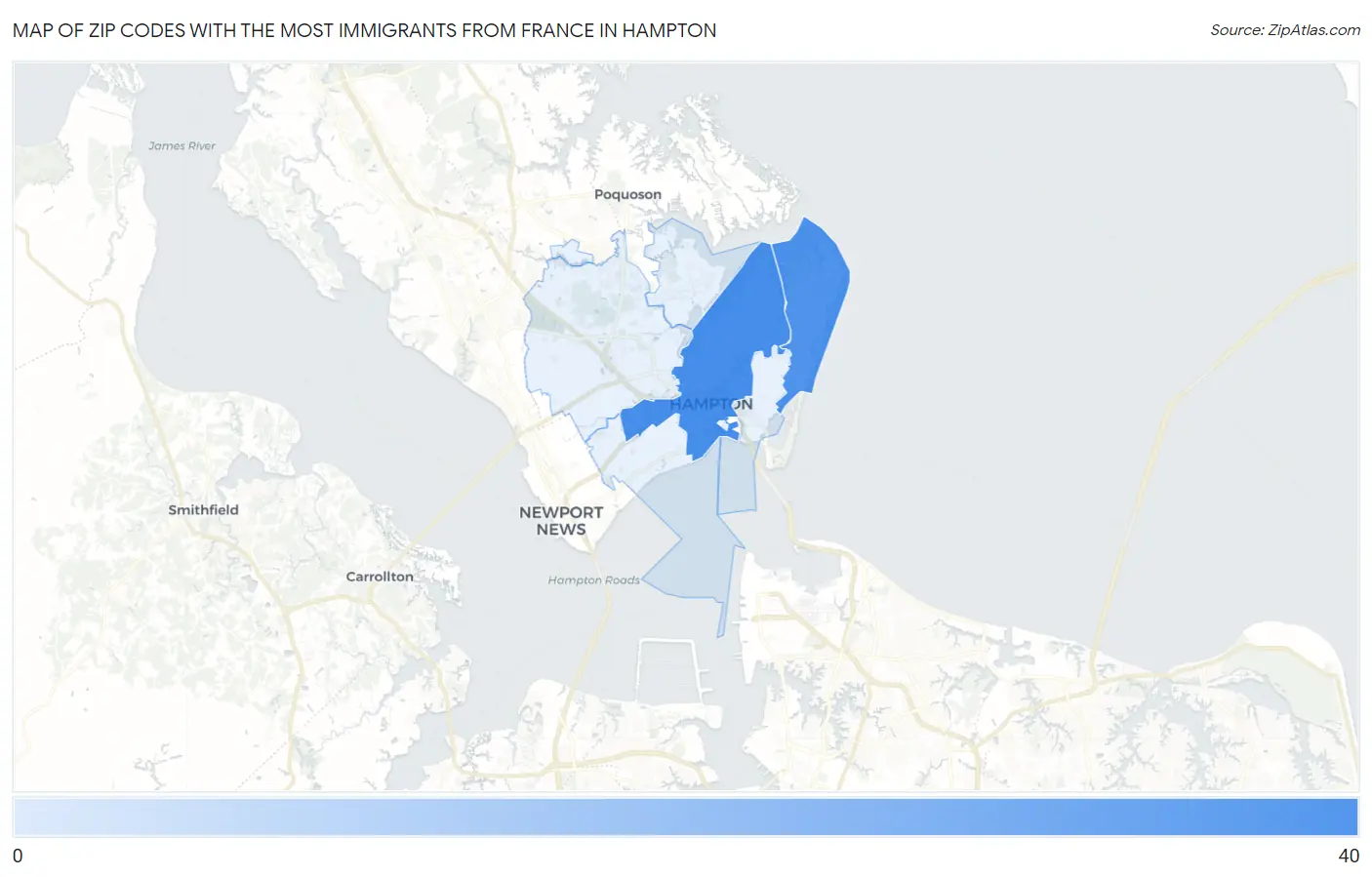 Zip Codes with the Most Immigrants from France in Hampton Map