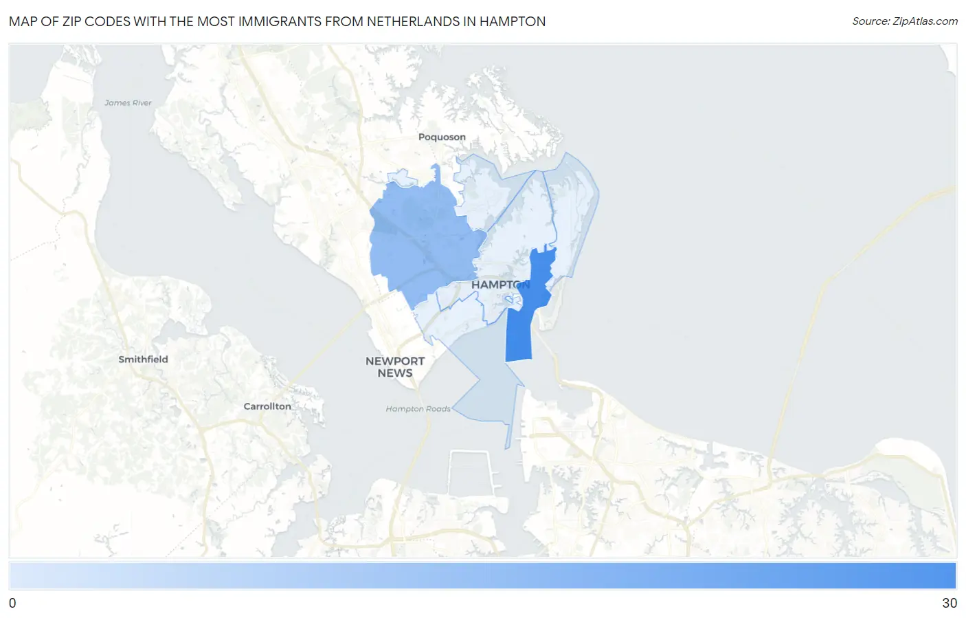 Zip Codes with the Most Immigrants from Netherlands in Hampton Map