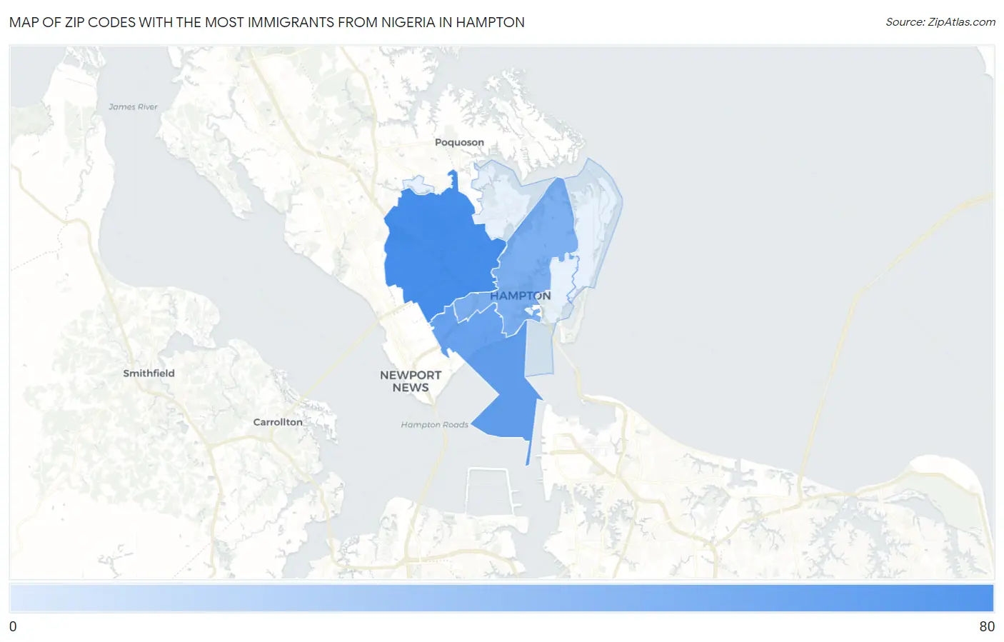 Zip Codes with the Most Immigrants from Nigeria in Hampton Map