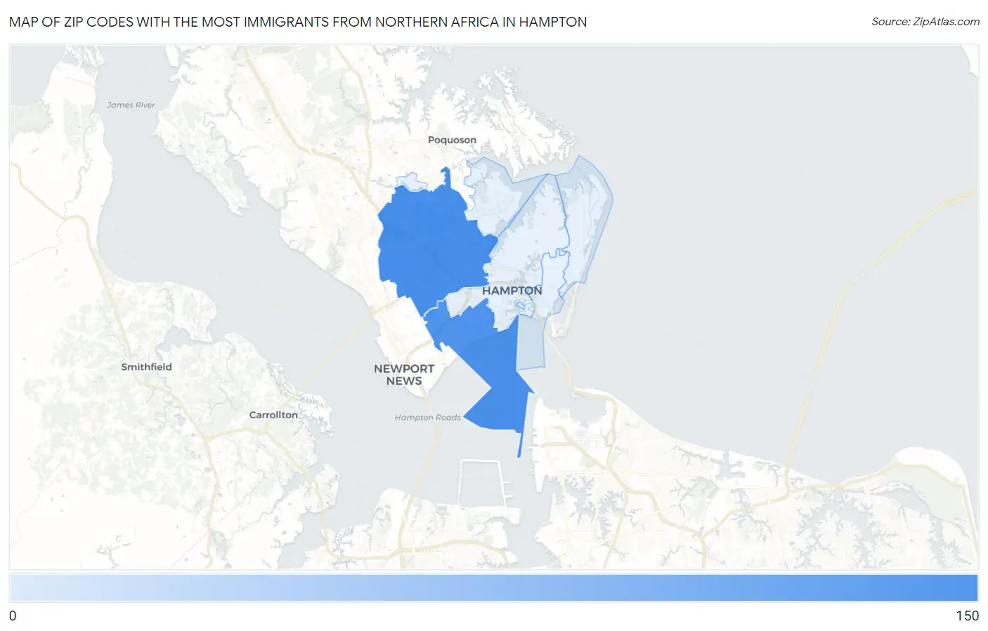 Zip Codes with the Most Immigrants from Northern Africa in Hampton Map