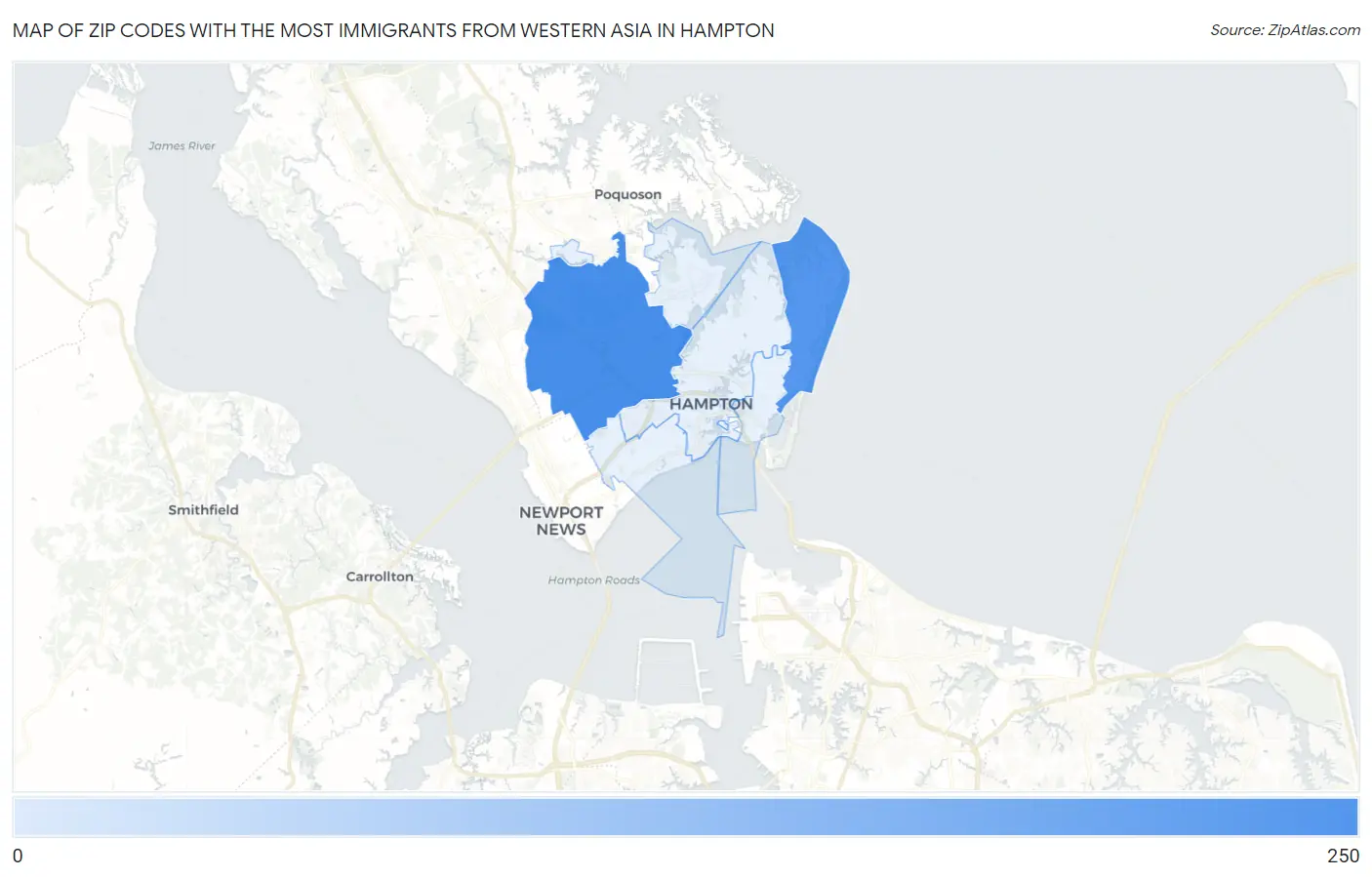 Zip Codes with the Most Immigrants from Western Asia in Hampton Map