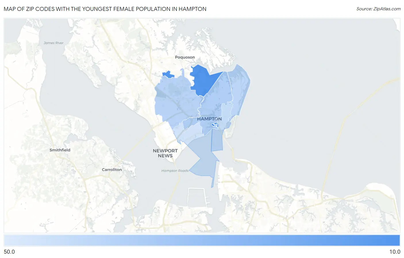 Zip Codes with the Youngest Female Population in Hampton Map
