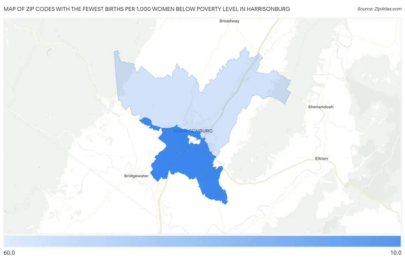 Zip Codes with the Fewest Births per 1,000 Women Below Poverty Level in Harrisonburg Map