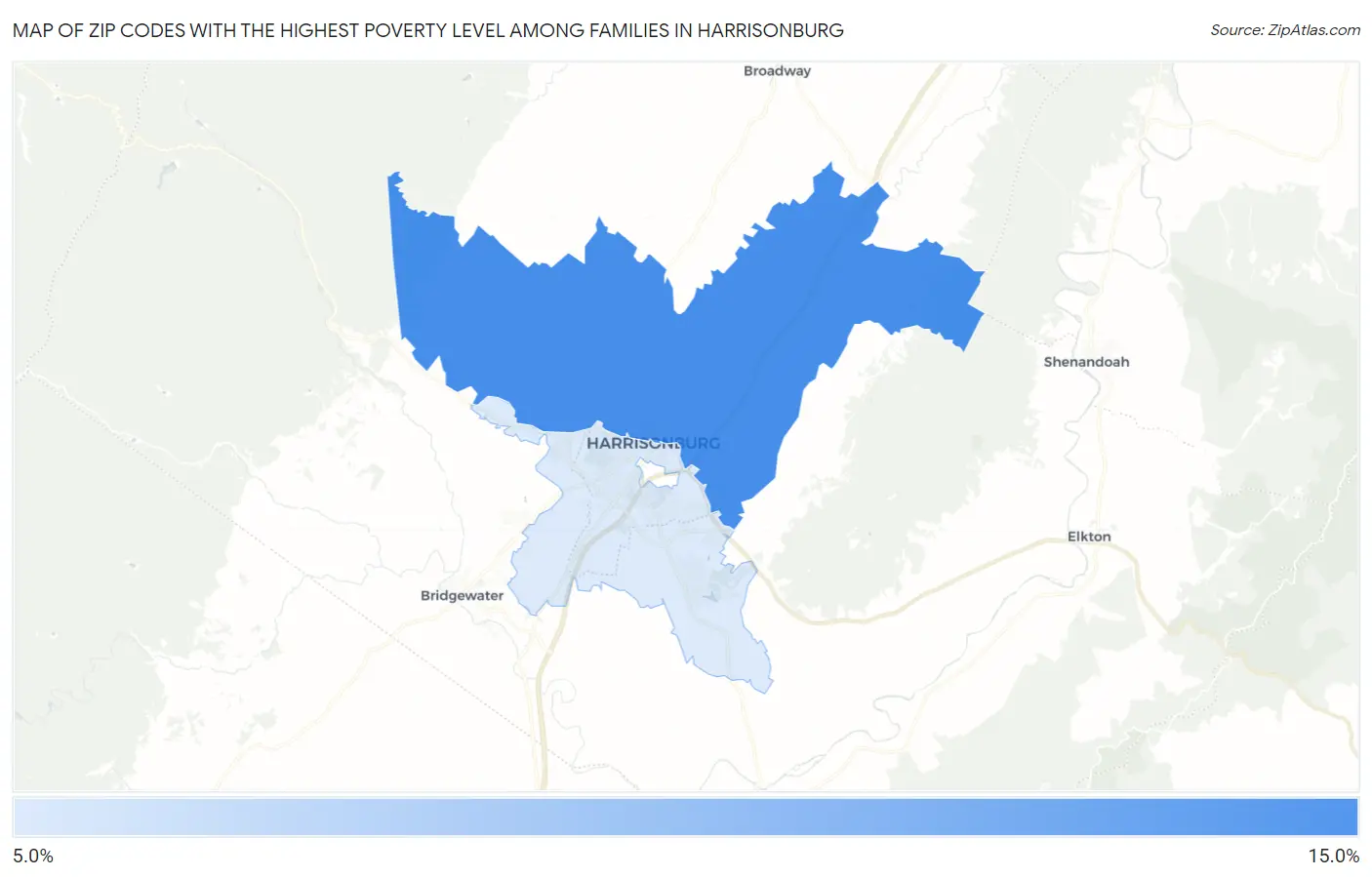 Zip Codes with the Highest Poverty Level Among Families in Harrisonburg Map
