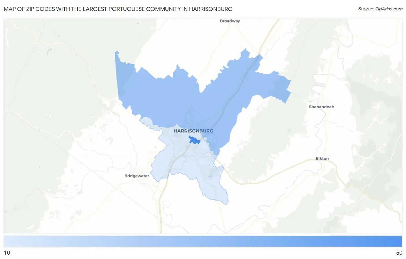 Zip Codes with the Largest Portuguese Community in Harrisonburg Map