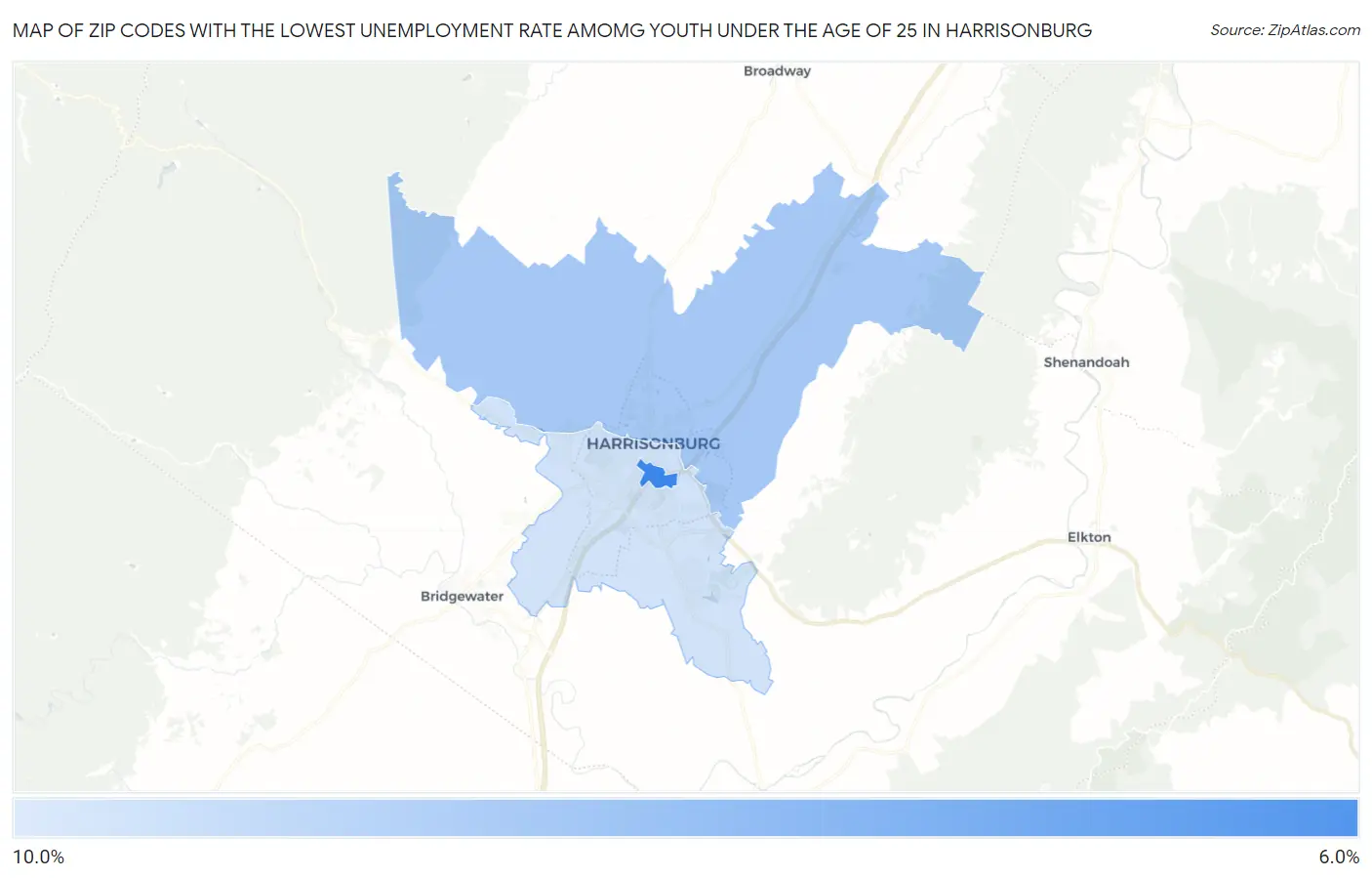 Zip Codes with the Lowest Unemployment Rate Amomg Youth Under the Age of 25 in Harrisonburg Map
