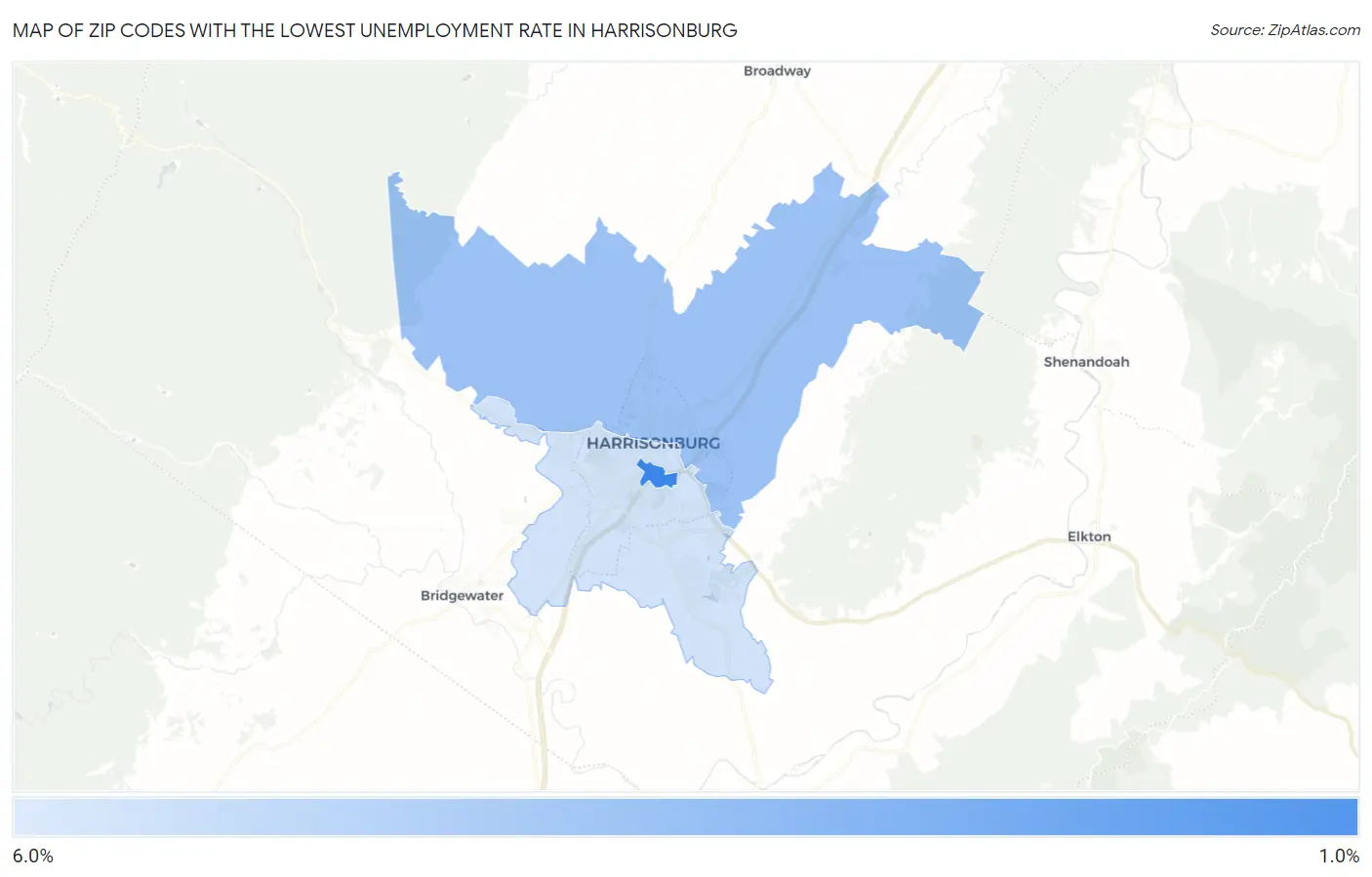 Zip Codes with the Lowest Unemployment Rate in Harrisonburg Map