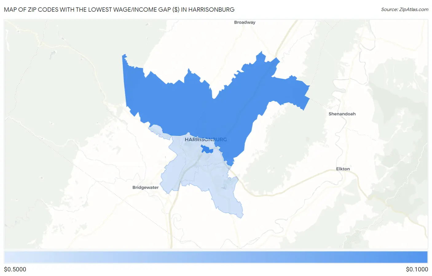 Zip Codes with the Lowest Wage/Income Gap ($) in Harrisonburg Map