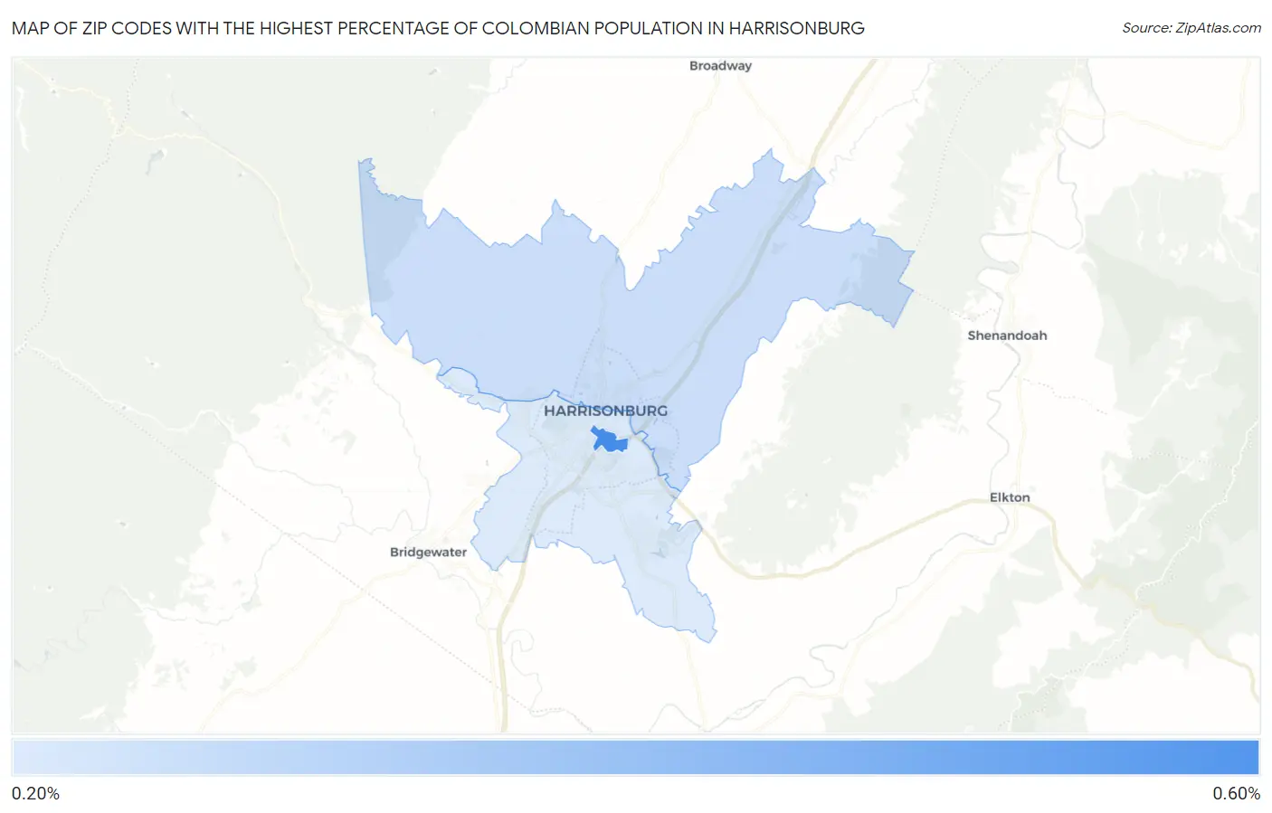 Zip Codes with the Highest Percentage of Colombian Population in Harrisonburg Map