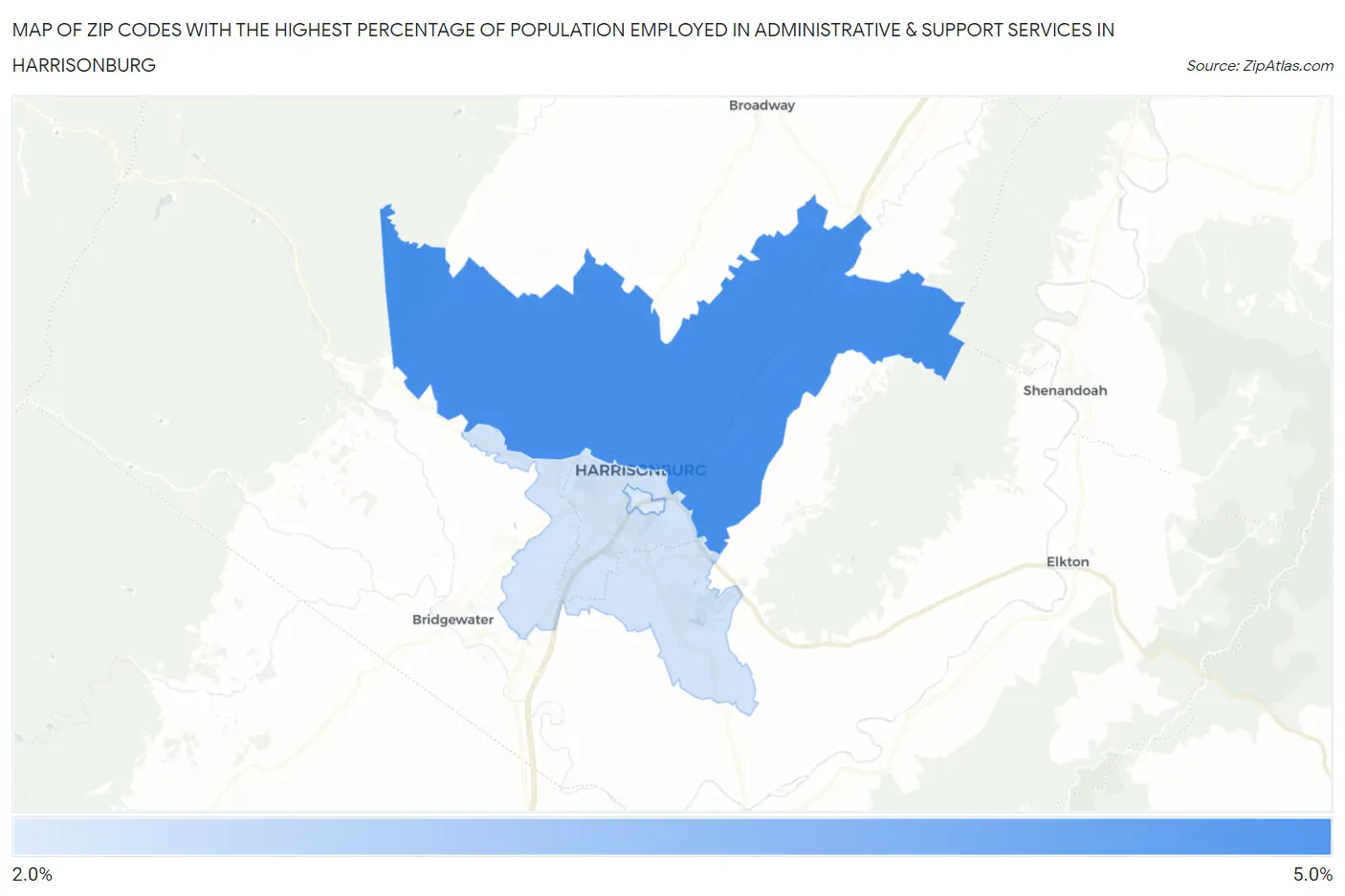 Zip Codes with the Highest Percentage of Population Employed in Administrative & Support Services in Harrisonburg Map