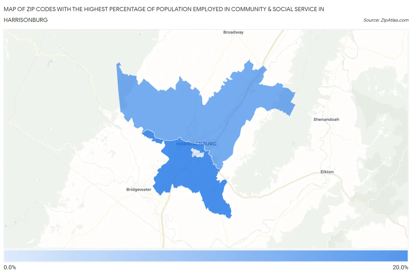 Zip Codes with the Highest Percentage of Population Employed in Community & Social Service  in Harrisonburg Map