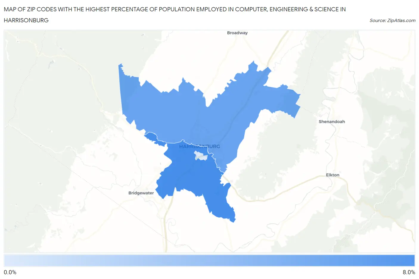 Zip Codes with the Highest Percentage of Population Employed in Computer, Engineering & Science in Harrisonburg Map