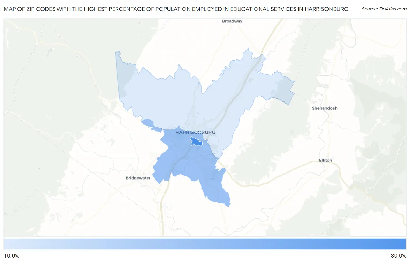 Zip Codes with the Highest Percentage of Population Employed in Educational Services in Harrisonburg Map