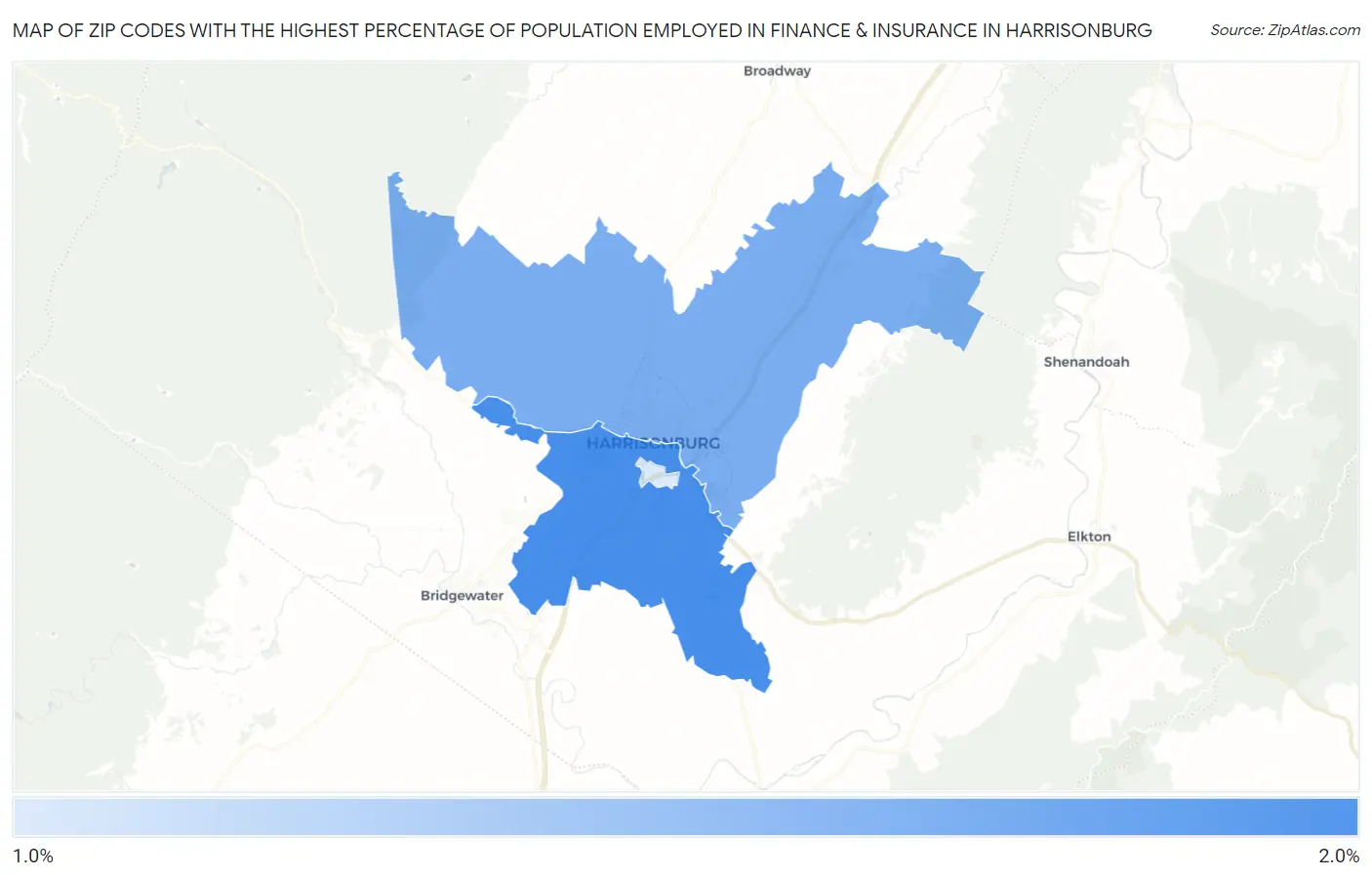Zip Codes with the Highest Percentage of Population Employed in Finance & Insurance in Harrisonburg Map