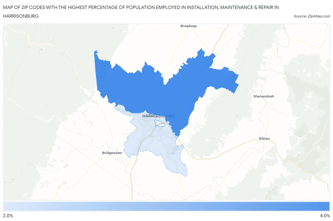 Zip Codes with the Highest Percentage of Population Employed in Installation, Maintenance & Repair in Harrisonburg Map