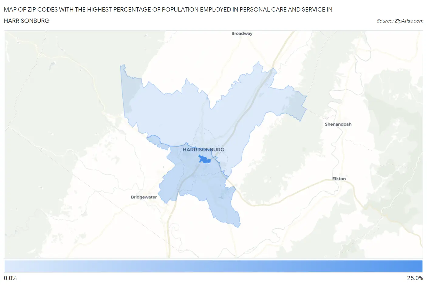 Zip Codes with the Highest Percentage of Population Employed in Personal Care and Service in Harrisonburg Map