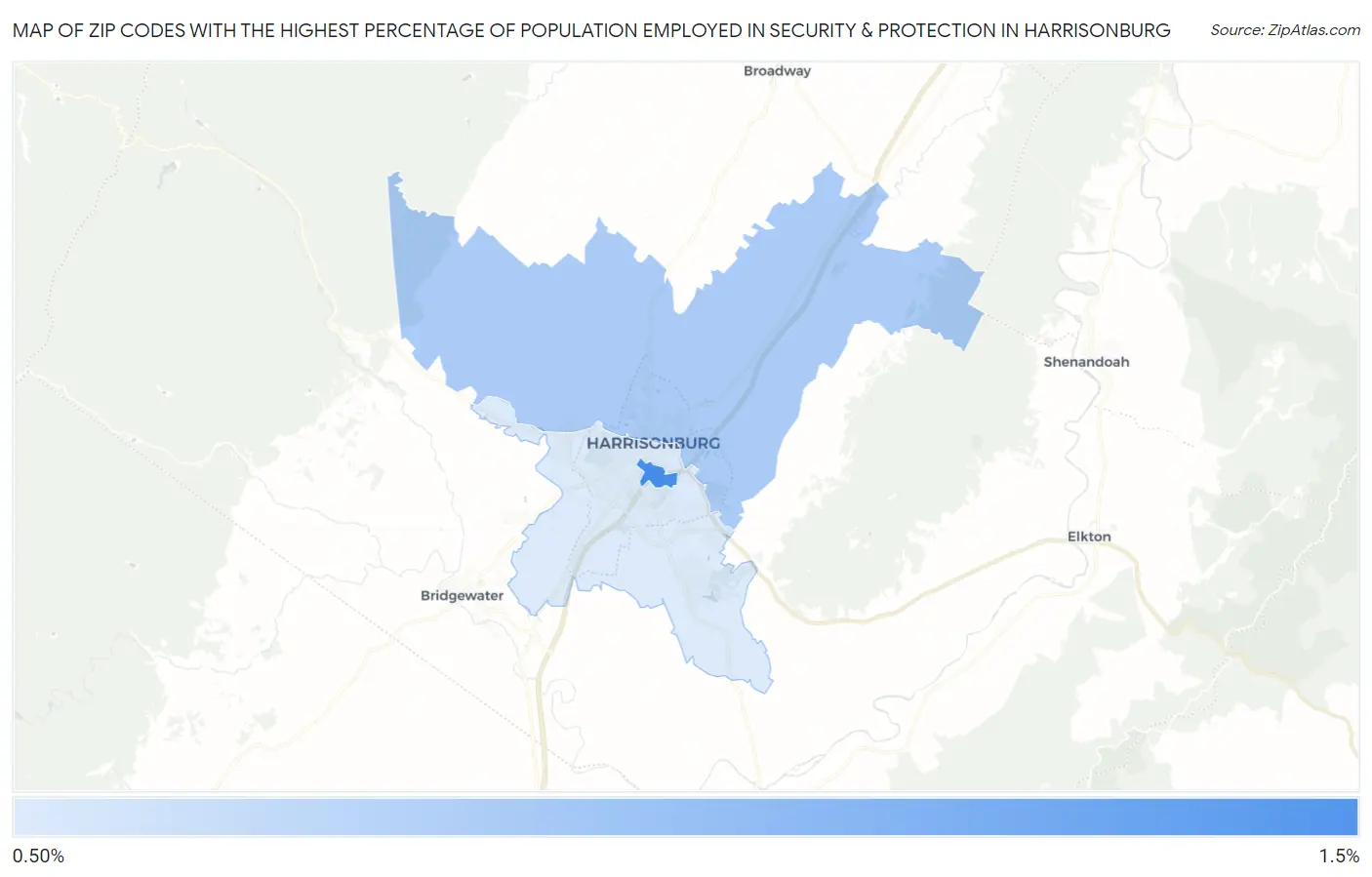 Zip Codes with the Highest Percentage of Population Employed in Security & Protection in Harrisonburg Map
